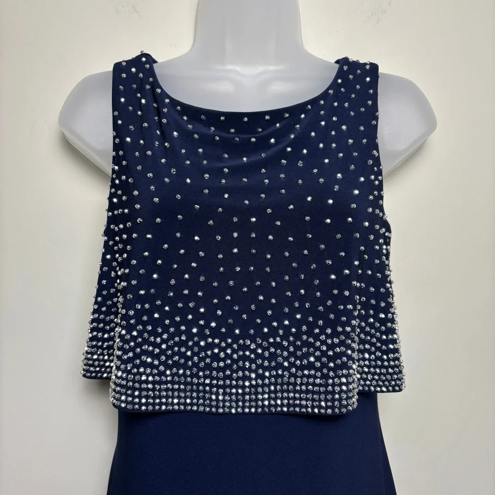 Joseph Ribkoff Blue Zip Back Beaded Overlay Sleeveless Sheath Dress Womens 6 US - Picture 2 of 8
